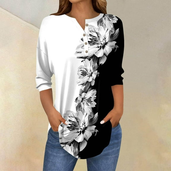 SHITINN Women's 3/4 Sleeved Collar Button Up Shirt Floral Shirt Summer Top Short Sleeve Shirts for Women Womens Summer Clothes Women Shirts