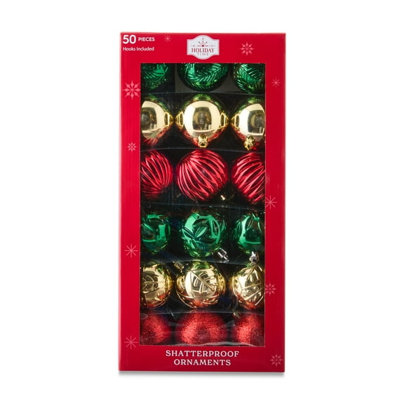 50-Count Red/Green/Gold Shatterproof Ball Christmas Ornaments, by Holiday Time