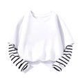 thumbnail image 4 of T Shirts for Girls Casual Solid Color Crewneck Faux Layered Long Sleeve Striped Tops 2 in 1 Loose Fit Fashion Wear, 4 of 5