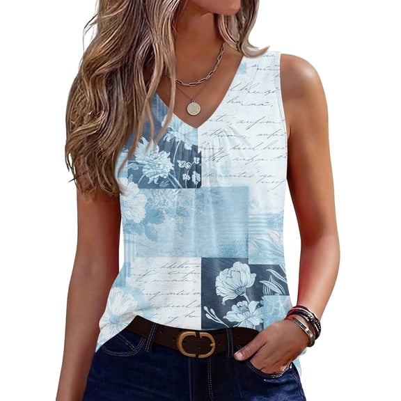 Sleeveless Shirts for Women Casual Summer V Neck Tank Tops Dressy Blouses Tunic #01Light Blue XL