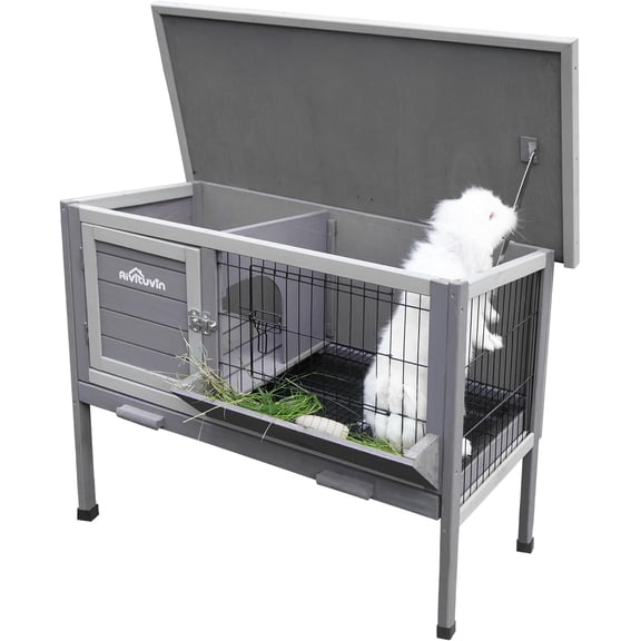 Aivituvin Rabbit Hutch, Wooden Bunny Cages Indoor with Deeper Leakproof Tray - Upgrade with Metal Wire Pan (Grey, Rabbit Hutch #001-B) Large
