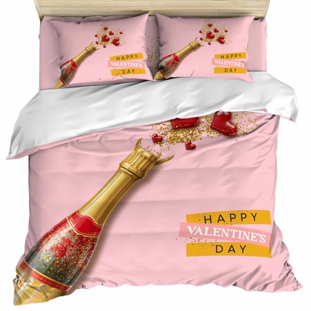 Valentine s Day Set of 4 Bedding Quilt Covers Gold Wine Bottle Love Heart Romantic Art Pink 4-Piece Bed Sheet Set with Extra Soft Bed Sheets Quilt Cover Pillowcase Full