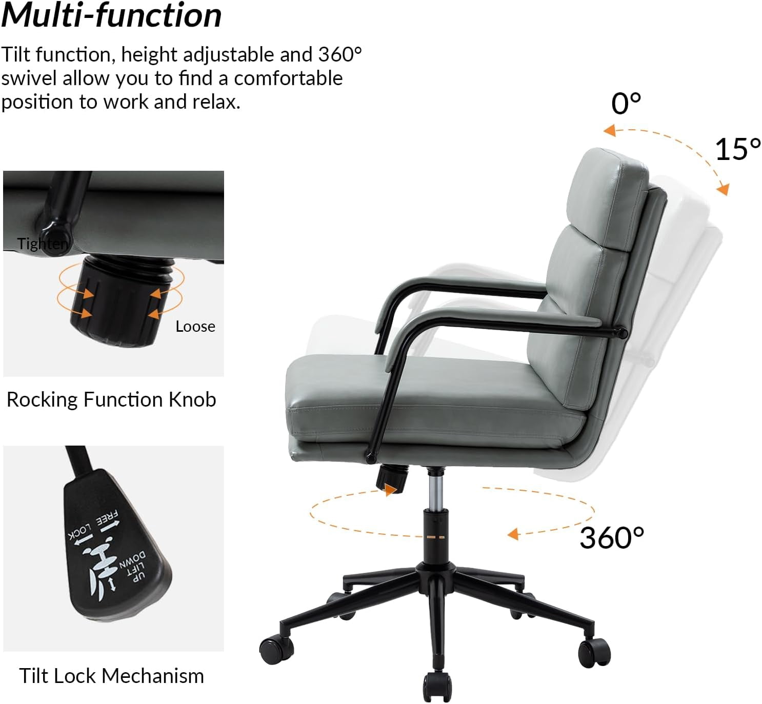 Faux Leather Home Office Chair, Swivel Task Desk Chair with Padded Cushion, Sage