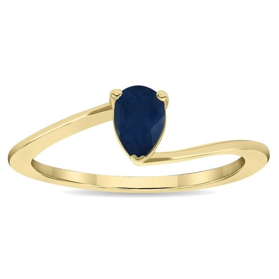 SZUL Women's Solitaire Pear Shaped Sapphire Wave Ring in 10K Yellow Gold