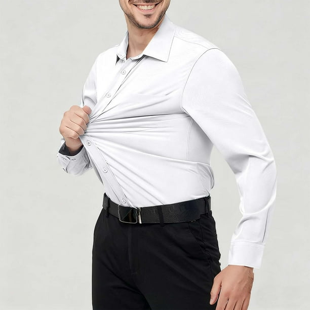 pstuiky Camisas casuales de manga larga para hombre, Camisa de manga larga con botones y elástico para hombre, informal, de color liso y a la moda camisetas de hombre xl