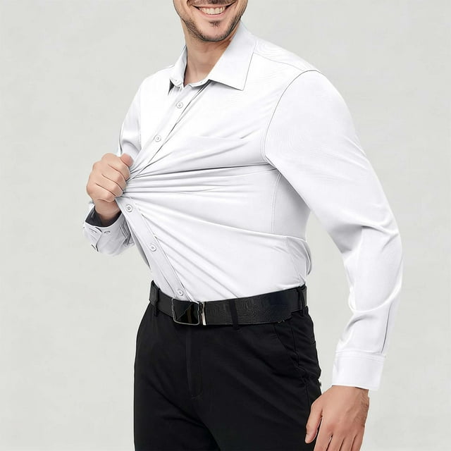pstuiky Camisas casuales de manga larga para hombre, Camisa de manga larga con botones y elástico para hombre, informal, de color liso y a la moda camisetas de hombre xl