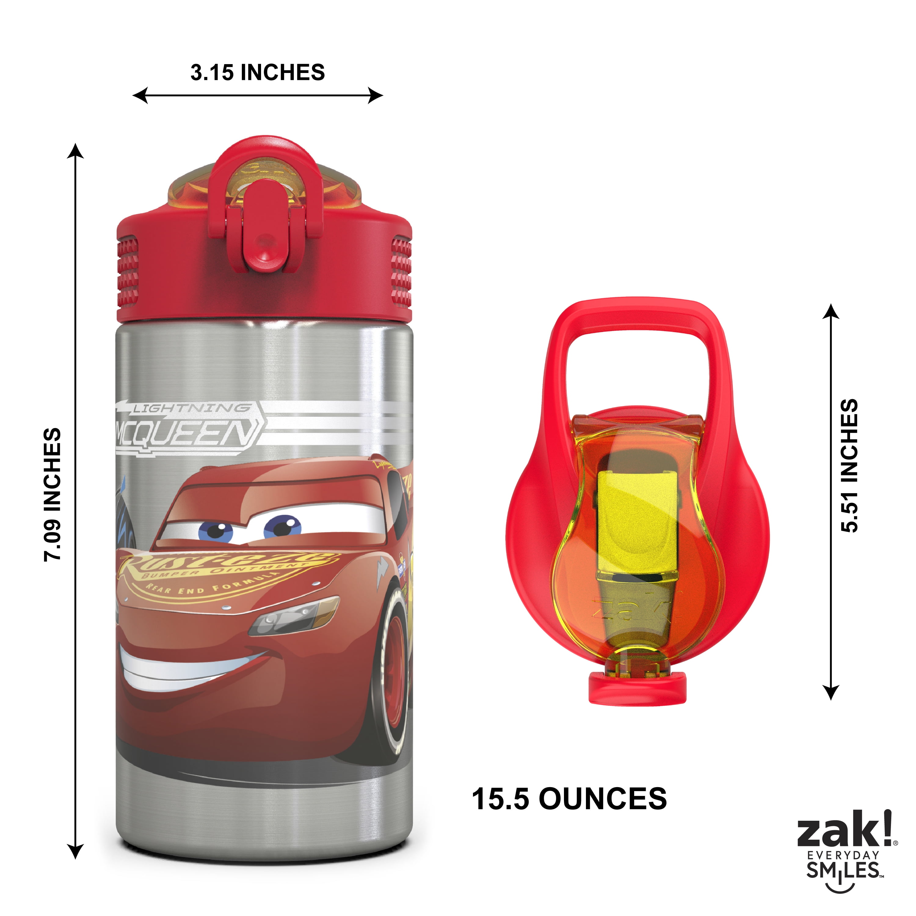 Zak Designs 15.5 oz Kids Water Bottle Stainless Steel with Push-Button Spout and Locking Cover, Cars Lightning McQueen