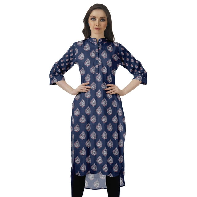 Moomaya Kurta d'Été en Coton Longueur Genou Imprimé Manches Retroussables Kurtis pour Femmes