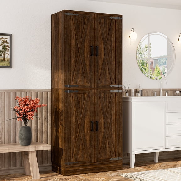 Homieasy 71'' Tall Farmhouse Bathroom Storage Cabinet, 7-Tier Linen Cabinet with Drawer & Adjustable Shelves, Cracked Oak