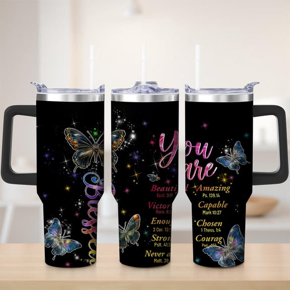 Butterfly Galaxy Stainless Steel Insulated Mug with Lid and Handle, 30oz