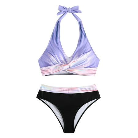 QYZEU Swimsuit for Women 2024 2 Piece Hanging Neck Swim Bra Two Piece Print Bikini High Set Wrap Waist Retro Front Swimsuit Breathable Comfy Lightweight Swimwear Purple S