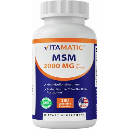 Vitamatic MSM 2000 mg with Vitamin C 75mg per Serving - 180 Veg Capsules - Vitamin C Aid in Better absopriton of MSM (Methylsulfonylmethane) - Non-GMO & Gluten Free