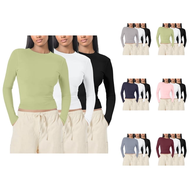 3 Pcs Chemises à Manches Longues pour Femmes 2026 Printemps Décontracté Court Col Rond Ajusté T-Shirt sous-Vêtement