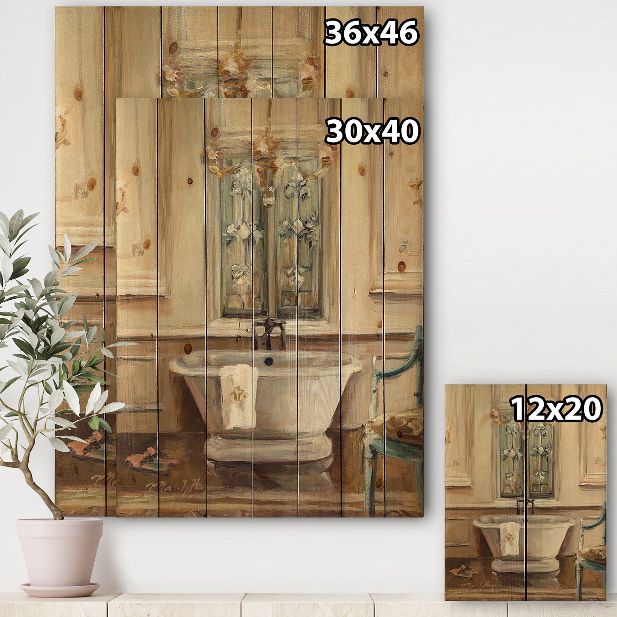 Designart 'Vintage Paris Bathtub Painting ' Traditional Bathroom Print on Natural Pine Wood