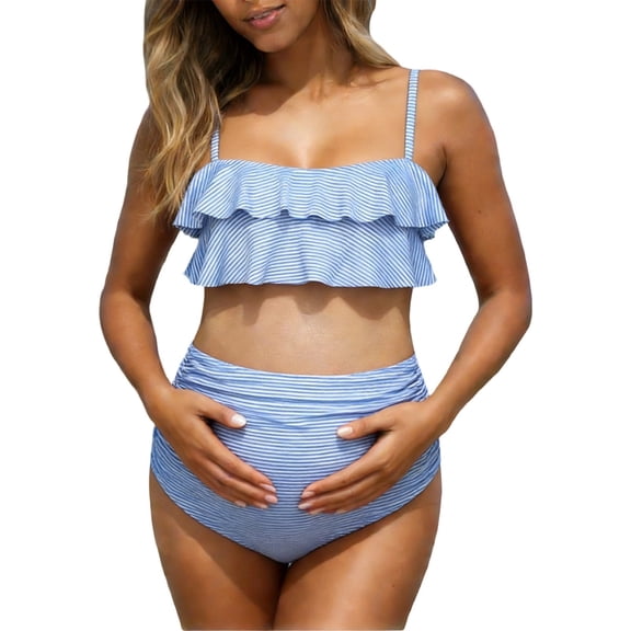 Maternity Women Bikini Set Bathing Suit Graphic Sleeveless Swimsuit High Waist Floral Print Two Piece With Briefs For Beach Pool,Light Blue,SIZE M