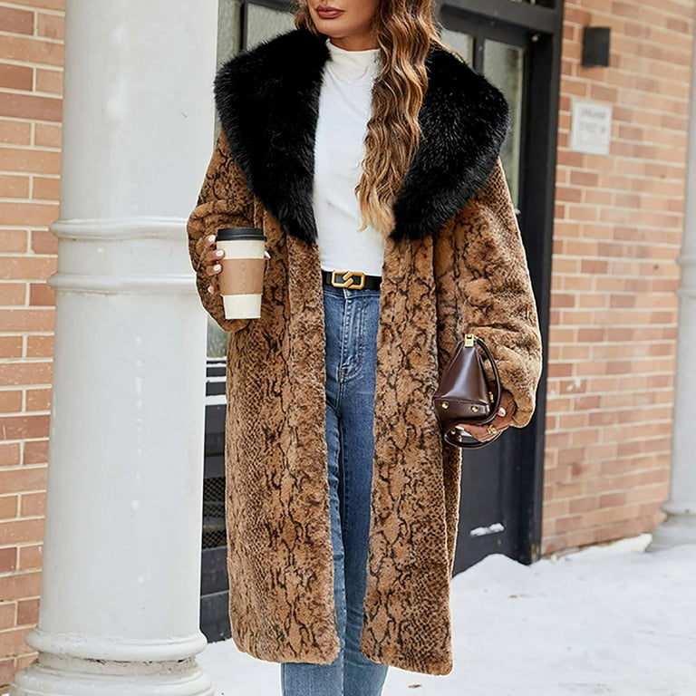 FNFYFH Women's Lapel Faux Fur Coat Long Leopard Print Fleece