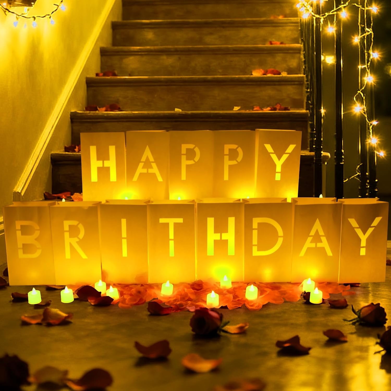 Happy Birthday Decorations for Men and Women Girls, Luminary Bags with Light Up Letters, Rose Petals and Candles Set, Happy Birthday Banner Sign for Party Decorations, Festival, Surprise Gifts Banner