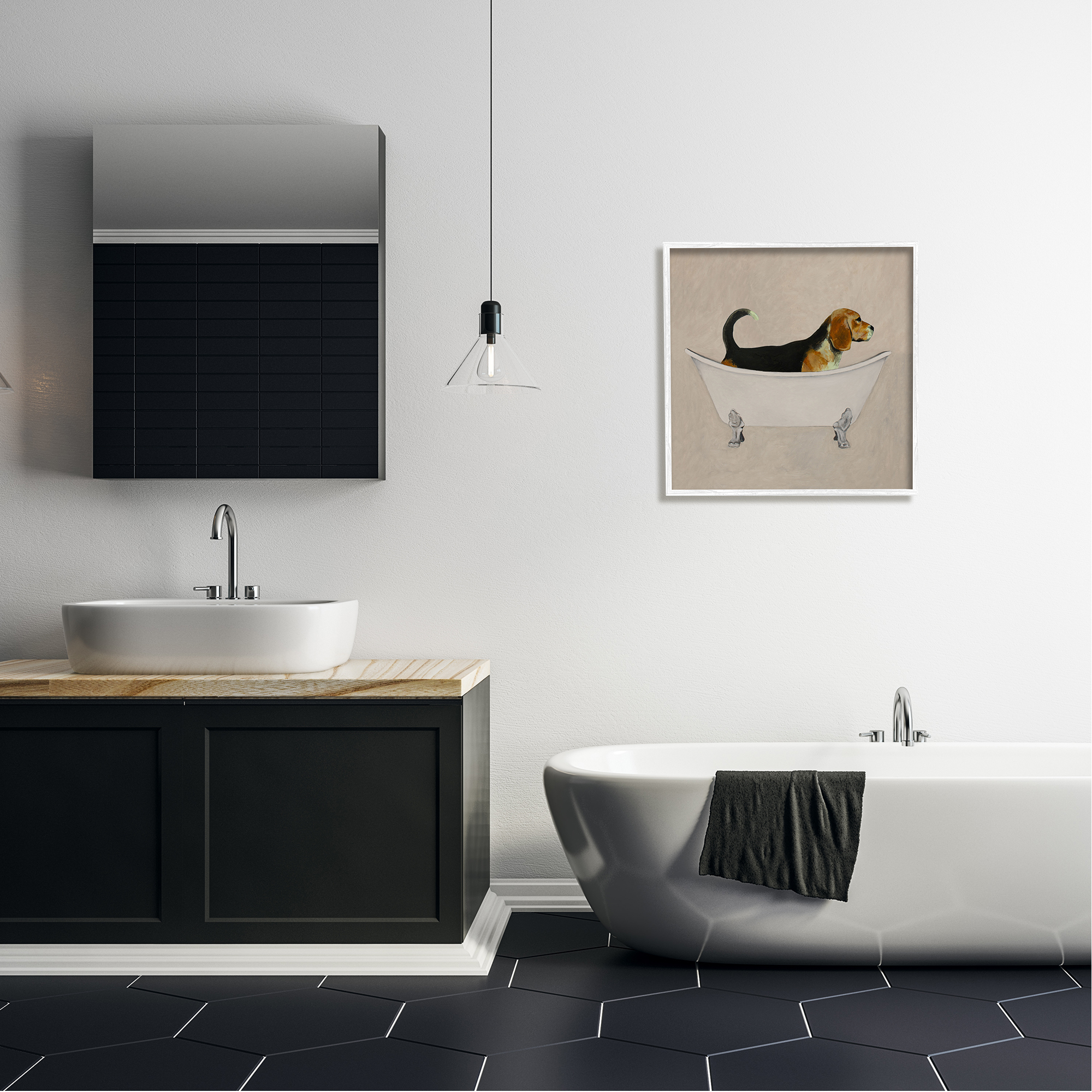 Stupell Industries Beagle In Tub Bathroom Pet Animals & Insects Painting White Framed Art Print Wall Art