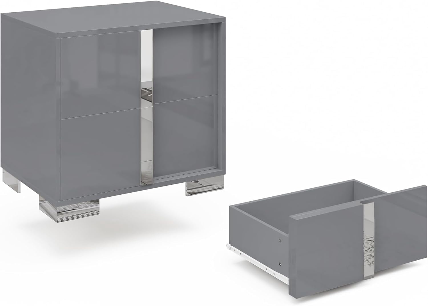 VanAcc Nightstand Set of 2 with Drawers & High Gloss UV Finish,Storage End Tables for Bedroom,Grey