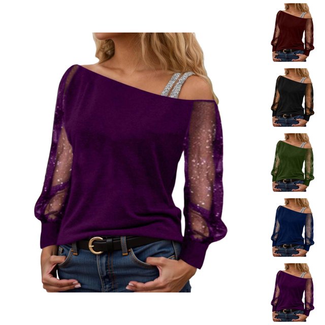 Womens Glitter Tops 2026 Spring Fashionable Y2K Long Sleeve Off Shoulder Mesh T Shirt Going out Tops Rave Outfit
