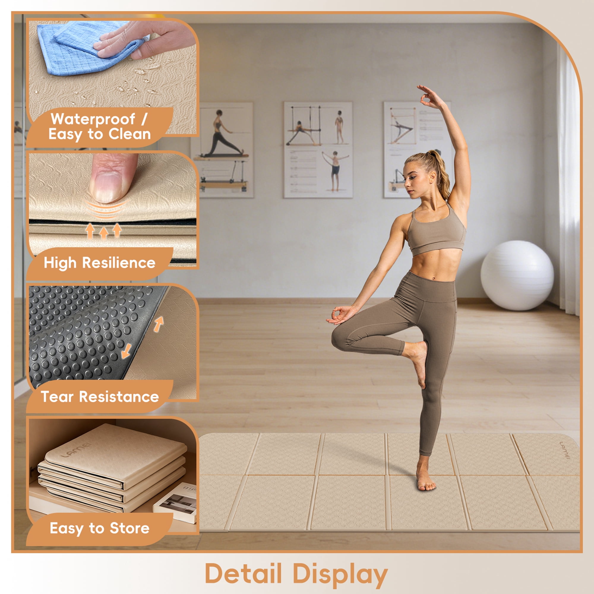 LAMEI Foldable Yoga Mat for Travel, 6mm Thick TPE Pilates Mat Thick, Non Slip Folding Exercise Mats for Home Workout with Bag(Beige+Black)