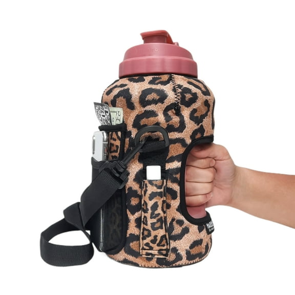 Lit Handlers 1/2 Gallon Jug - Leopard Design - Neoprene Insulating Sleeve w/ Detachable Shoulder Strap, 3 pockets, including one mesh pocket for cards/cash & one for chapstick