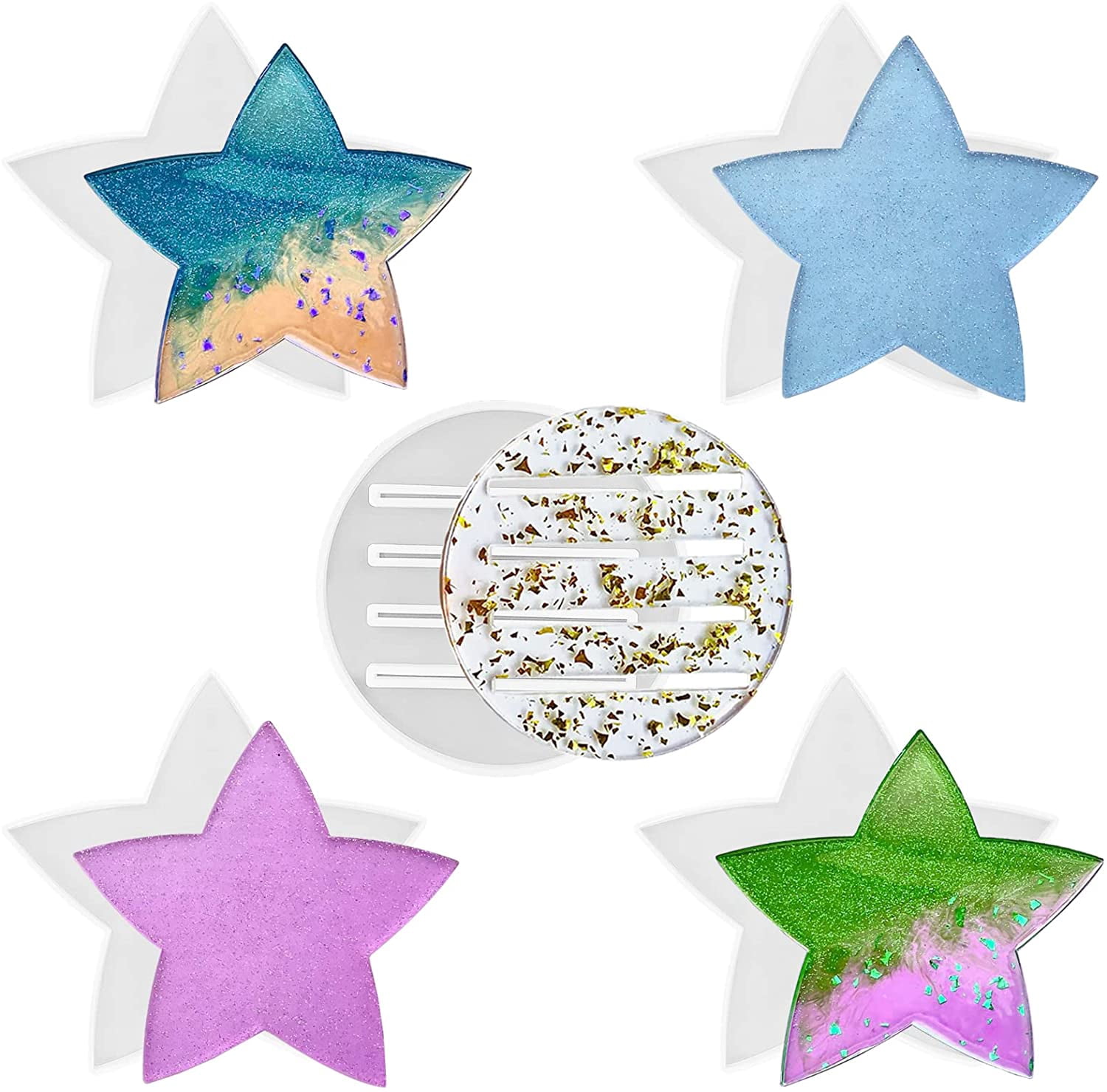7 Pieces Epoxy Resin Casting Coaster Molds, DaKuan 2 Pieces Sun Flower Coaster Molds, 4 Pieces Star Coaster Molds and 1 Pieces Coaster Stand Storage Mold