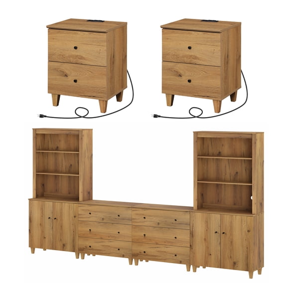 WAMPAT Entertainment Center and Side Table Set of 3, Modern Wooden TV Stand for 75" TV with Drawers and Cabinets, 2 Charging End Tables for Living Room, Oak Brown