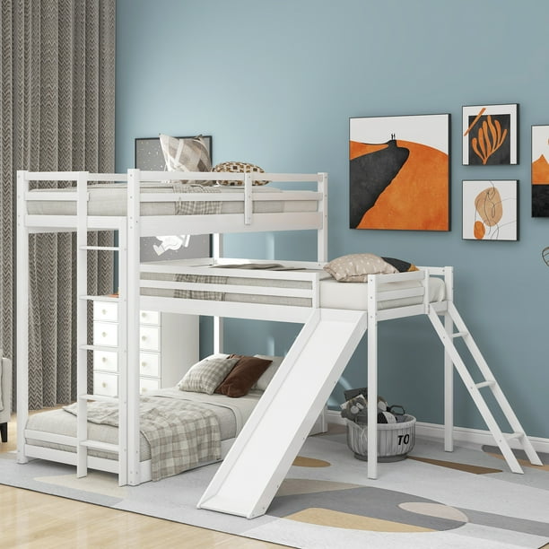 L Shaped Triple Bunk Bed Twin Over With Attached Loft And Ladder Slide White Expected Arrival Time 7 12 Com Triple Bunk Bed Twin Over, L Shaped Triple Bunk Bed With Desktop