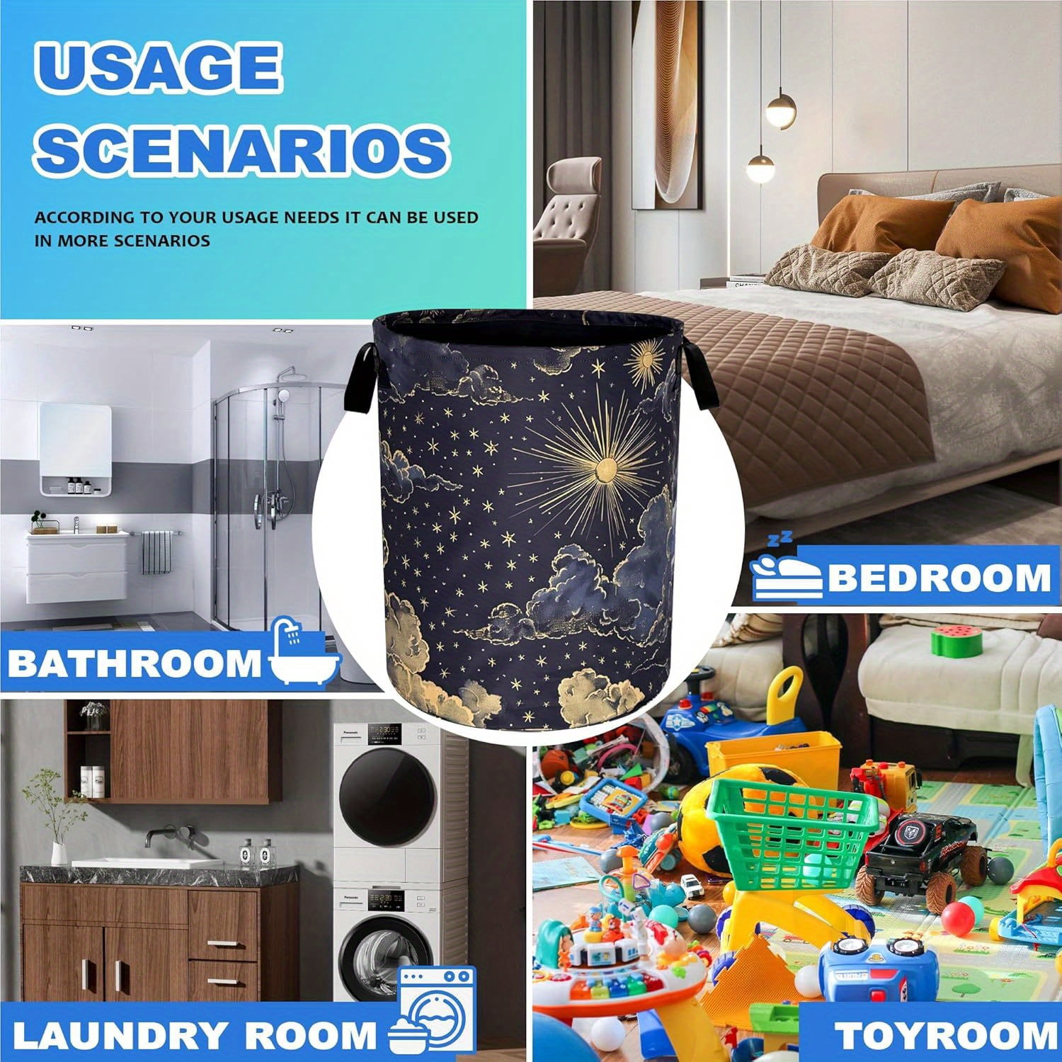 Celestial Sun Moon Nebula Laundry Basket - Foldable Oxford Cloth Storage Basket with Strong Handle, 19.6x15.7 inches, Portable for Bathroom, Bedroom, Dormitory, Laundry Room Decoration Storage Basket