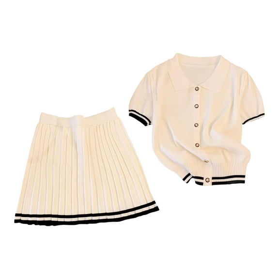 Milageto Womens Pleated Skirt Set Athletic Outfits Travel Running Shirt and Skirt Set Beige