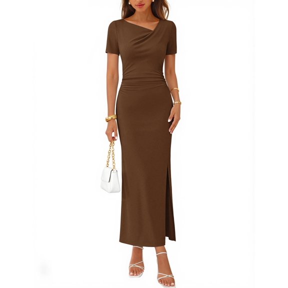 MEROKEETY Women's 2026 Summer Ruched Bodycon Maxi Dress, Short Sleeve Asymmetrical V-Neck Side Slit, Formal Wedding Guest Cocktail Dress, Brown, M