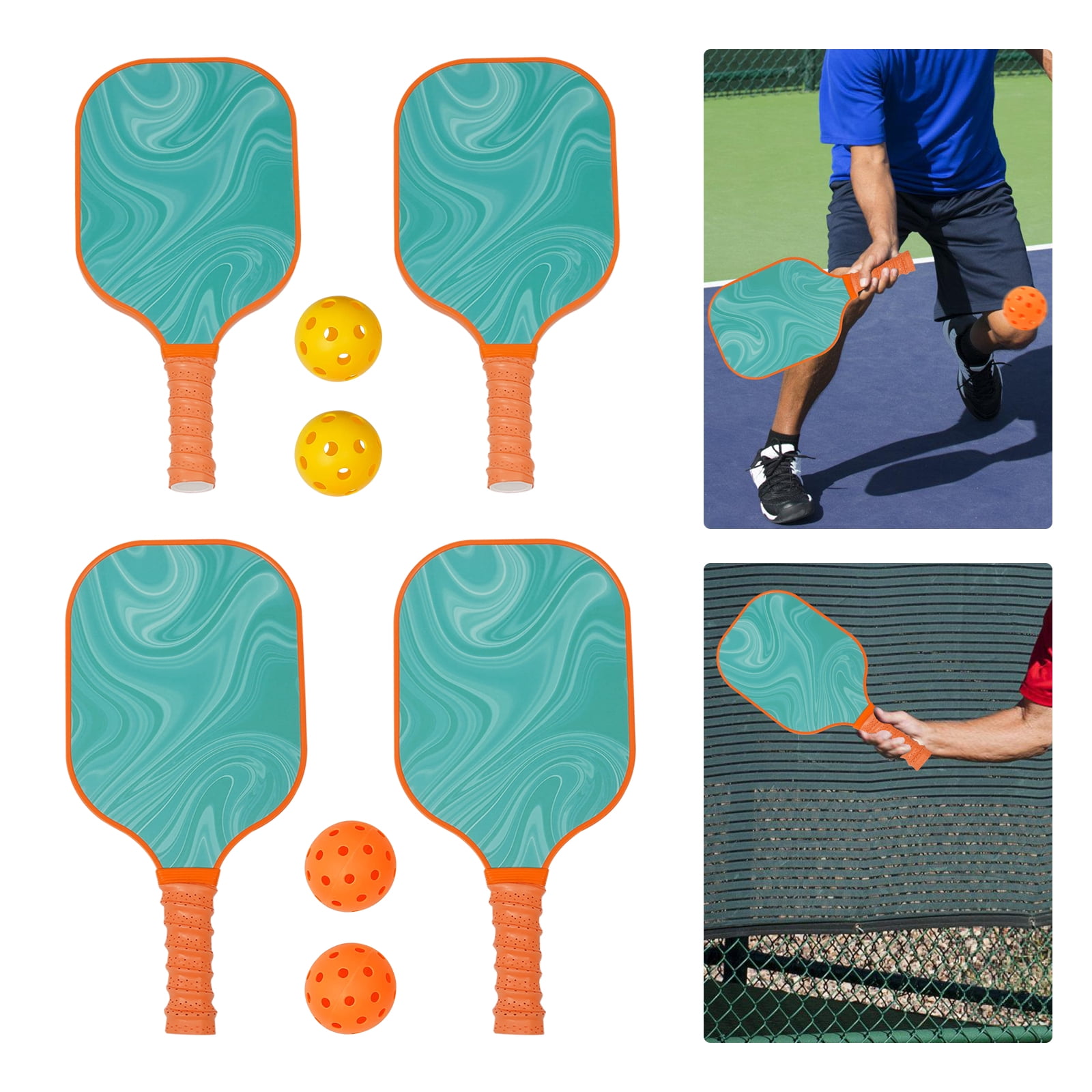Pickleball Paddle Set for All Ages, 4 Paddles, 2 Indoor and 2 Outdoor Balls, Lightweight Fiberglass Construction, Comfortable Rounded Edges for Easy Play