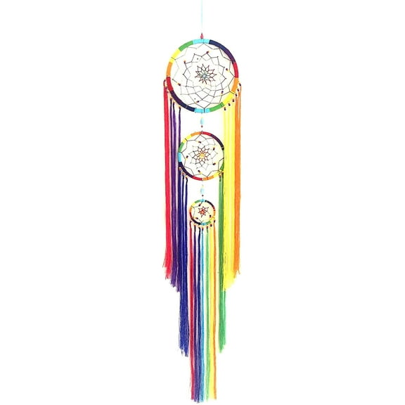 OMA Rainbow Chakra Dream Catcher Multi Color Boho Hippie Style Dreamcatcher Wall Hanging Decor Hand Crafted - Large Size 40" Long x 7" Diameter (Chakra)