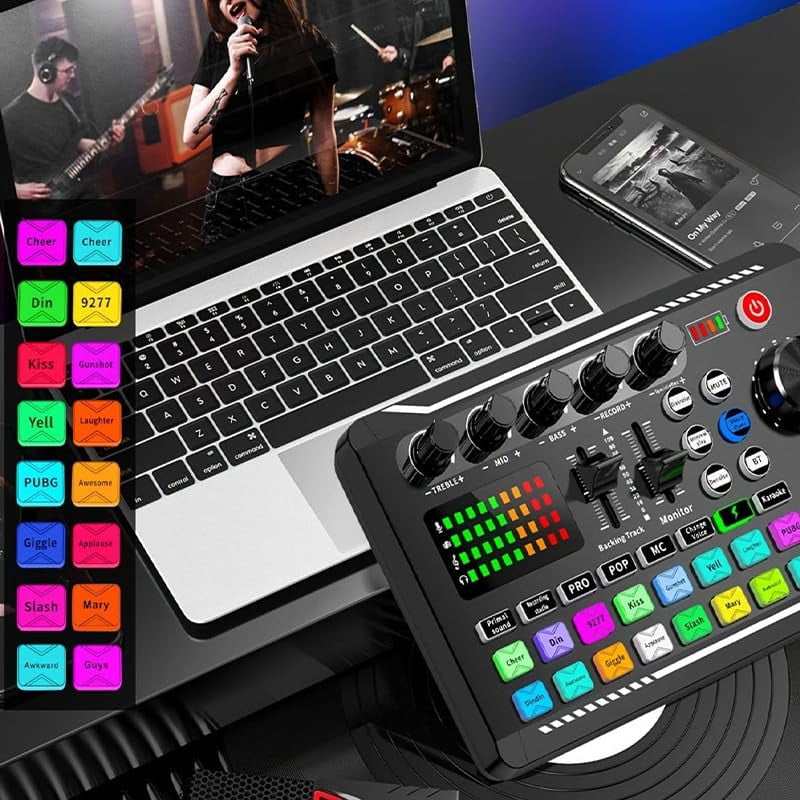 Live Sound Card with DJ Mixer Effects & Voice Changer, Live Sound Card Audio Mixer, Sound Mixer Board LED Light Voice Changer Sound Card with 16 Special Sound Effects for Live Streaming (Sound card)