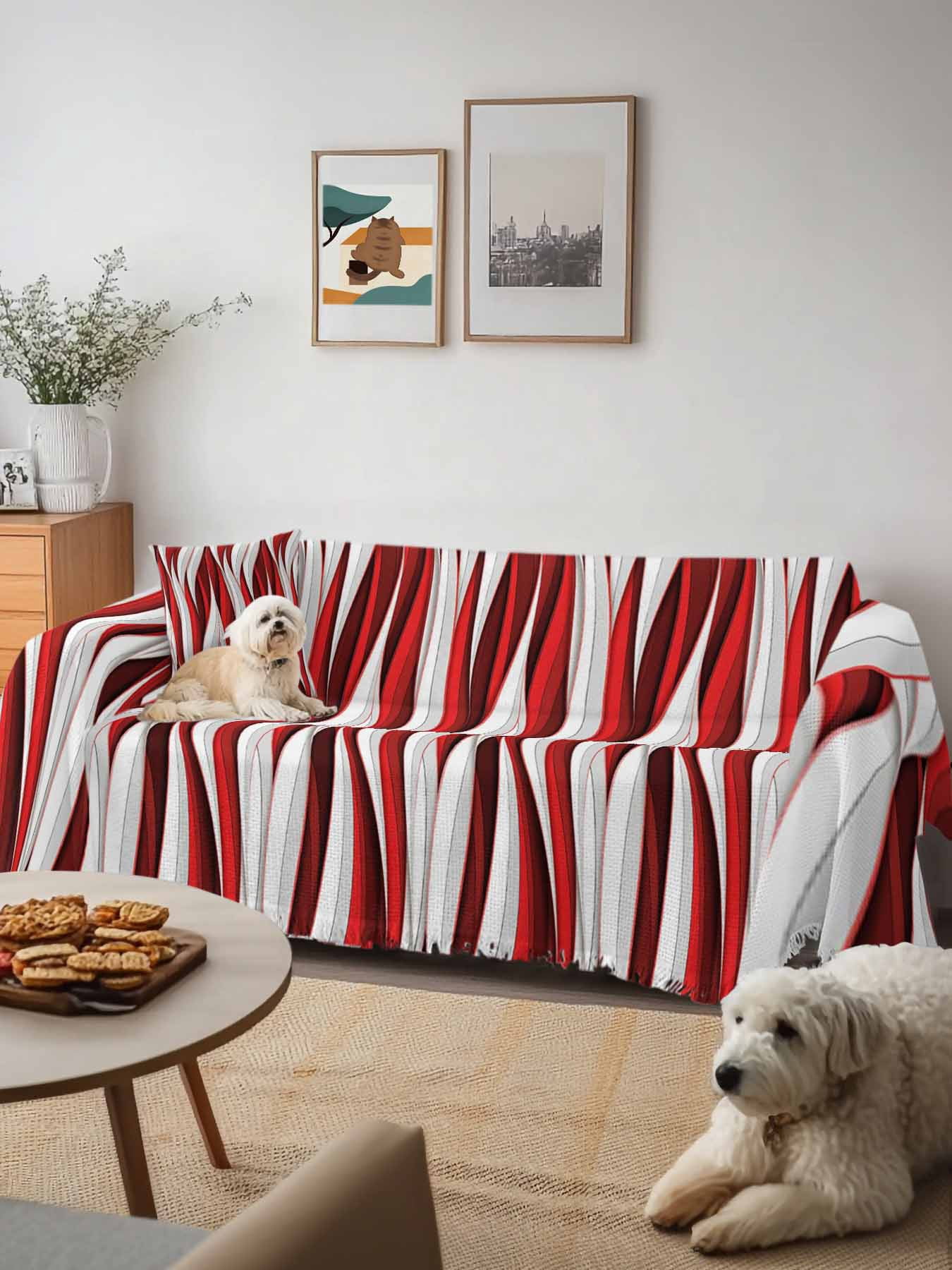Red White Moire Couch Cover, Modern Abstract Art Oversized Sofa Cover Blanket for 3 Cushion Couch,Sectional Sofa Slipcover Furniture Protector for Living Room Bedroom 71''x150''
