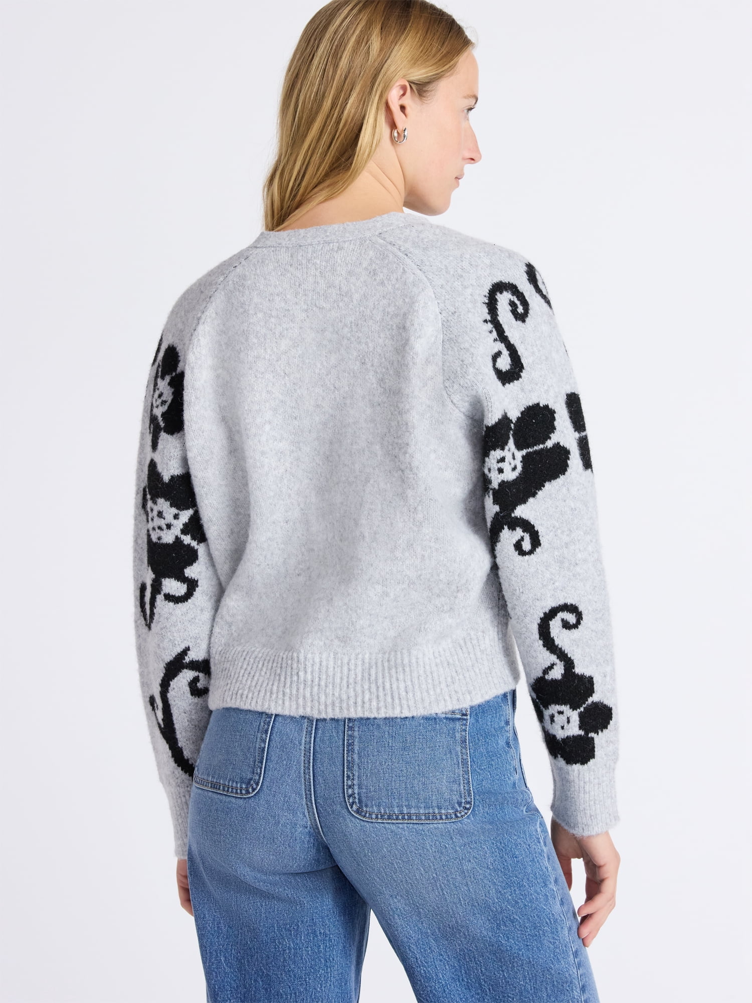 Free Assembly Women’s Floral Pattern V-Neck Cardigan Sweater, Midweight, Sizes XS-XXL