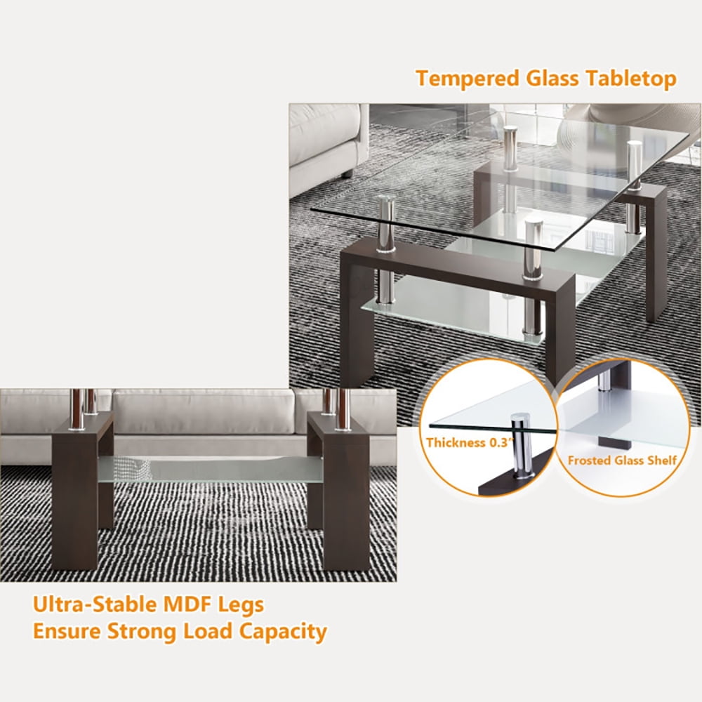 Finihen Glass Coffee Table, Rectangular Coffee Table, Rectangular Tempered Glass Coffee Table with Shelf, for Living Room, Reception Room, Brown Finihen Glass Coffee Table, Rectangular Coffee Table, Rectangular Tempered Glass Coffee Table with Shelf, for Living Room, Reception Room, Brown