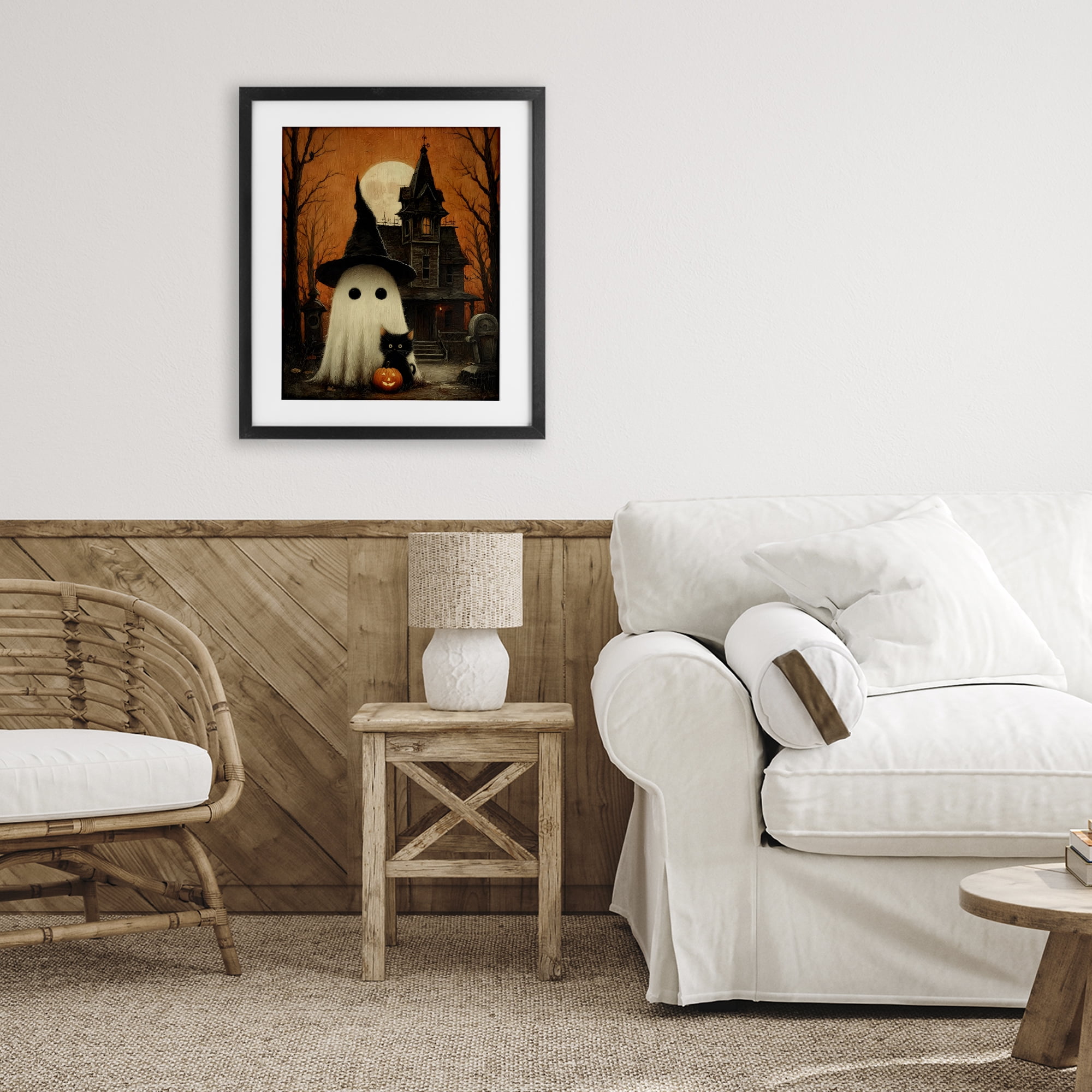 Cute Ghost & Haunted House Black Framed Print Under Glass, design by Arlington Prints