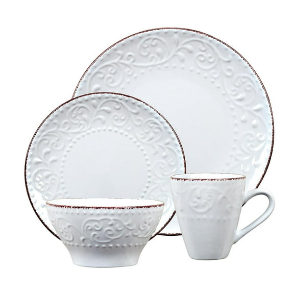 World Gifts Stoneware Scroll Dinnerware Set - White, 16 Piece