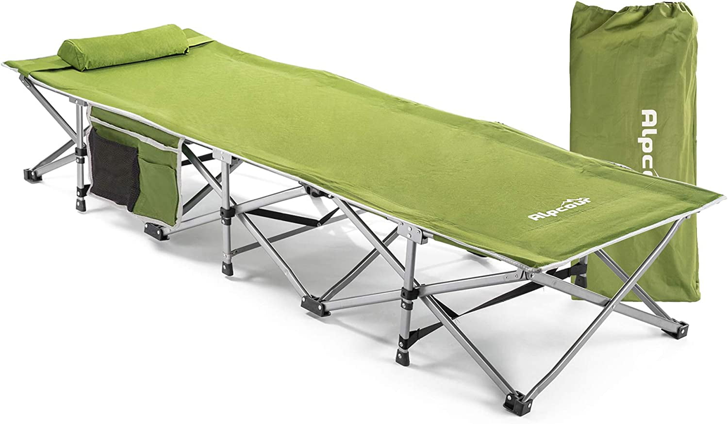 Alpcour Compact Folding Camping Cot Single Person Heavy Duty Indoor Outdoor Bed with Pillow Army Green