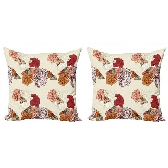 Ambesonne Modern Throw Pillow Cover 2 Pack, Big Flowers Butterflies Art, 20", Cream Orange