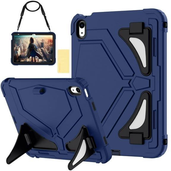 ShieldFlex Case for iPad A16 11th Generation 11-inch 2025/ iPad 10th Generation 10.9-inch 2022 Cover with Pen Holder, Sturdy Invisible Stand Thickned Cornor Shockproof with Shoulder Strap,Navy Black