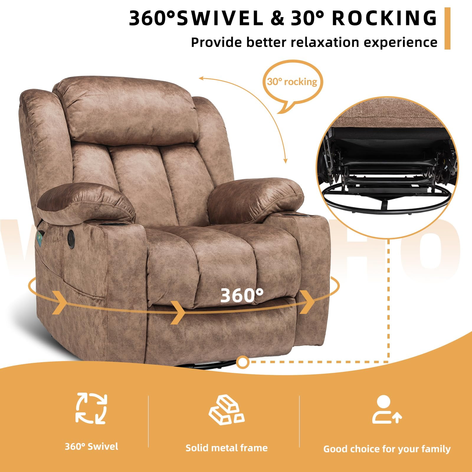 360° Swivel Glider Rocking Recliner Chair, Overstuffed Manual Massage Recliner with Heat and Vibration, Single Modern Sofa Home Seating for Living Room, Cup Holders/USB Ports (Plush-Brown)