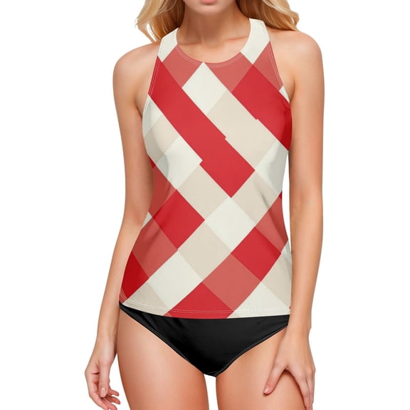 Women's Printed Tankini Top - High Elasticity Slim-Fit Swimsuit with Removable Straps & Cups, Perfect for Beach & Pool Parties，Red and White Gingham Pattern