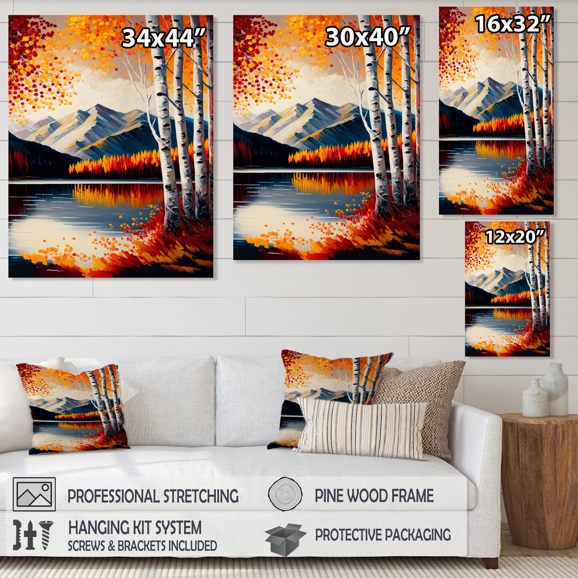 Designart Red And Orange Birch Trees By The Lake V Canvas Wall Art