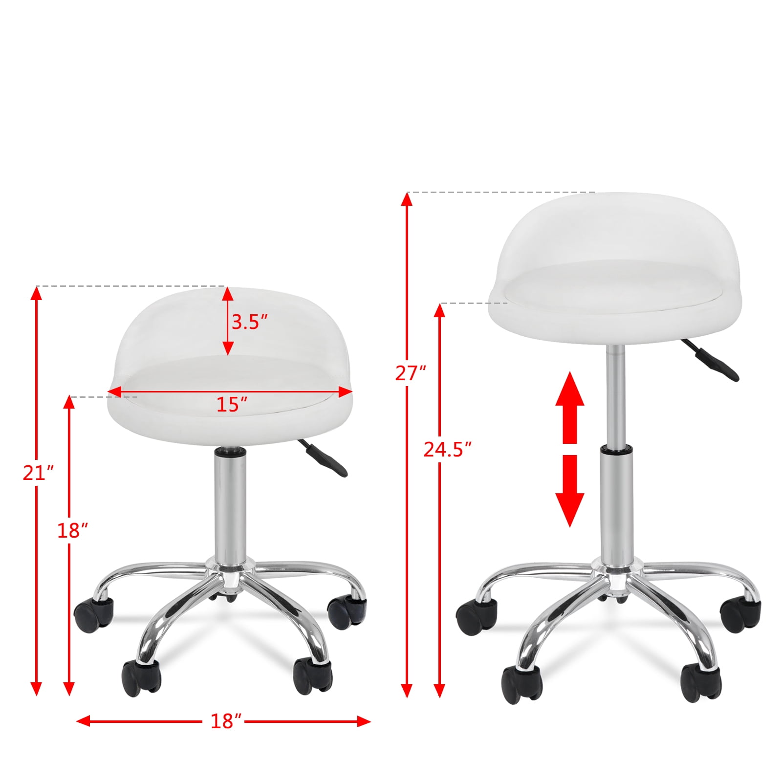 ZENY Adjustable Rolling Swivel Salon Stool Chair Spa Stool with Back Rest, White
