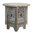 thumbnail image 2 of Accent Side Table- 24 Inch Round Top- Mango Wood Floral Cut Out Carved Motifs, 2 of 7