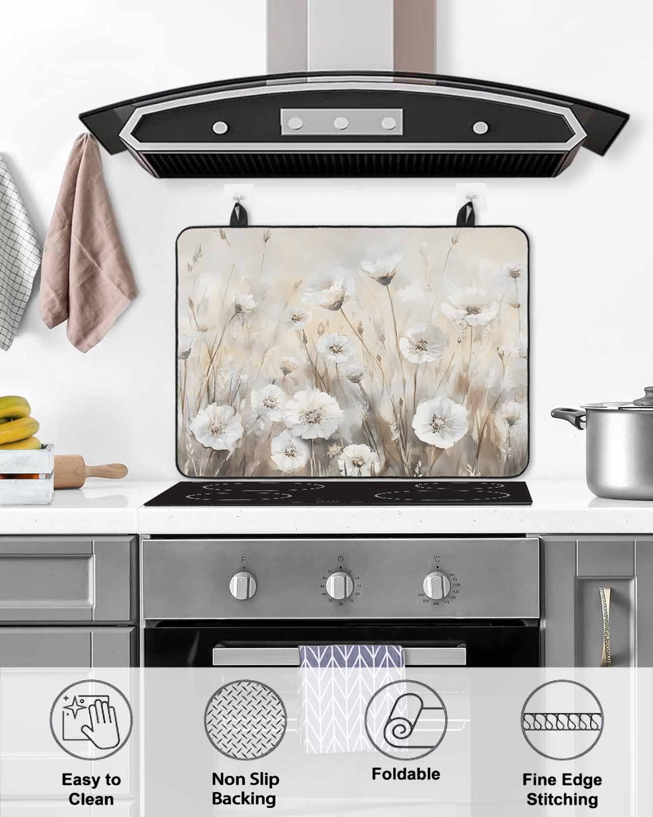 nqOlkjepod Large Induction Cooktop Protector Mat 36"x21", Spring White Floral Stove Top Covers for Electric Stove, Watercolor Vintage Beige Flowers Stove Burner Cover Mats, Glass Top Stove Cover