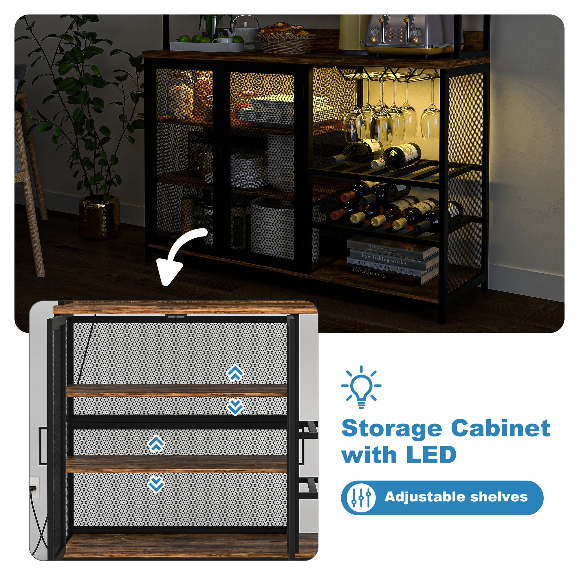 Finihen Coffee Bar Cabinet, Industrial Buffet Cabinet with LED Strip and Glass Holder, 3-Tiers Liquor Cabinet Bar for Home, Dining Room, Kitchen, Brown Finihen Coffee Bar Cabinet, Industrial Buffet Cabinet with LED Strip and Glass Holder, 3-Tiers Liquor Cabinet Bar for Home, Dining Room, Kitchen, Brown